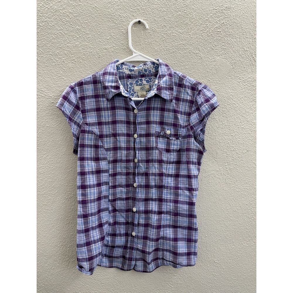 SO Juniors Shirt Size Large Purple Plaid Button Up Cap Sleeve Collared 2000s Y2K